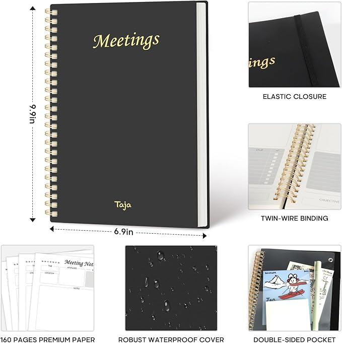 Meeting Notebook for Work Organization - Work Planner Notebook with Action Items, Agenda Planner for Note Taking, 160 Pages (6.9" X 9.9") Project Organizer for Men & Women - Black 1