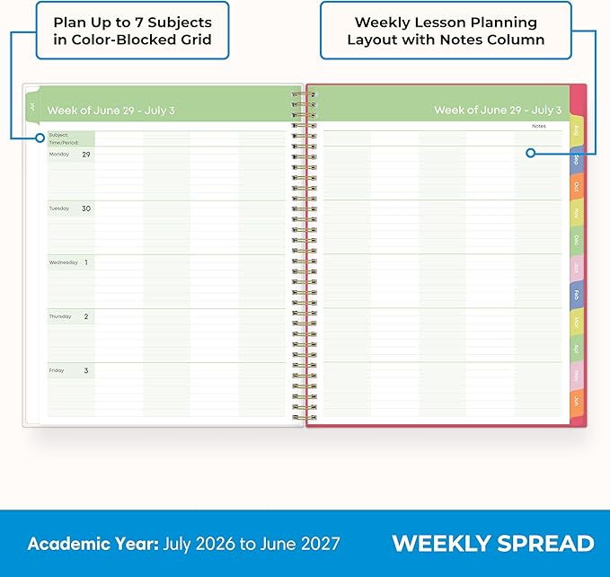 Blue Sky 2026-2027 Weekly and Monthly Academic Year Teacher Lesson Planner Calendar, July 2026 - June 2027, 8.5" x 11", Flexible Cover, Wirebound, Laminated Tabs, Storage Pocket, Apple Sketch