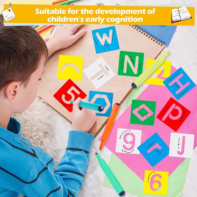 72 Pieces Preschool Letters and Numbers Alphabet Stencils Colorful Double Sided Tracing Board PET Paint Boards for Painting with 4 Pieces Craft Markers Marker Paint Pens Preschool Learning Toys