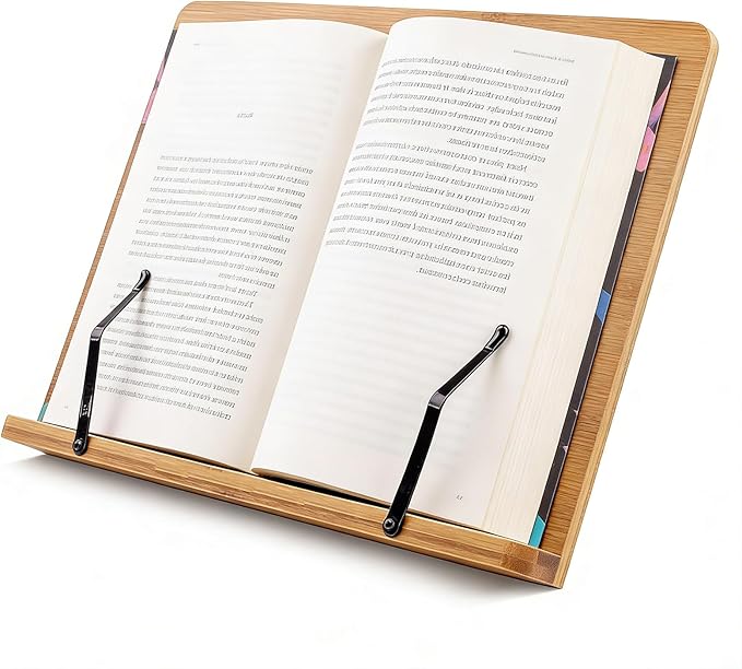 Bamboo Adjustable Book Stand, Large Wood Book Holder for Reading, Cookbook Stand for Kitchen Home Office, Sturdy Book Holder with Easy Installation