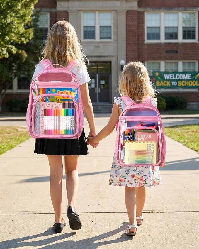 Soimeat Clear Backpack for Girls - Large Kids Clear Bookbag - Fabric & PVC Transparent Backpacks for Elementary School, Pink Rainbow