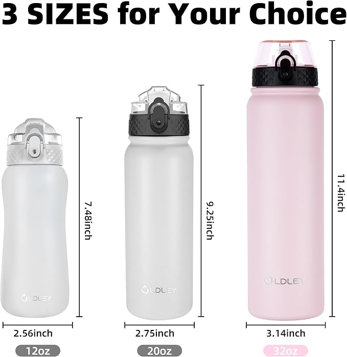 Oldley Insulated Water Bottle 32oz Water Bottles with Straw, Stainless Steel Water Bottle with 3 Lids, Double Wall Vacuum Bottels for Adults Kids, Leak-Proof Sport Bottles for School Travel, Pink