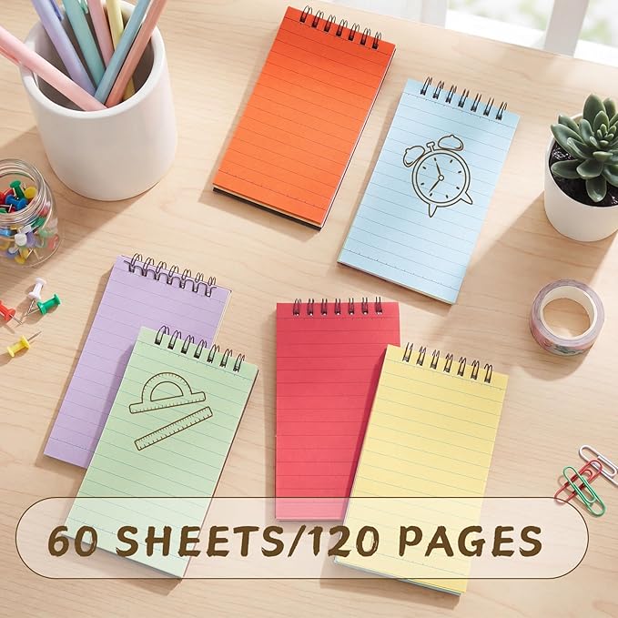 Tenceur 6 Pcs Pocket Notebook Small 3x5 Inch Black Cover Colorful Page Top Spiral Notepads Bound Notebook with Lined 120 Pages Memo Pads for Office College Nurse Essentials Back to School Gift