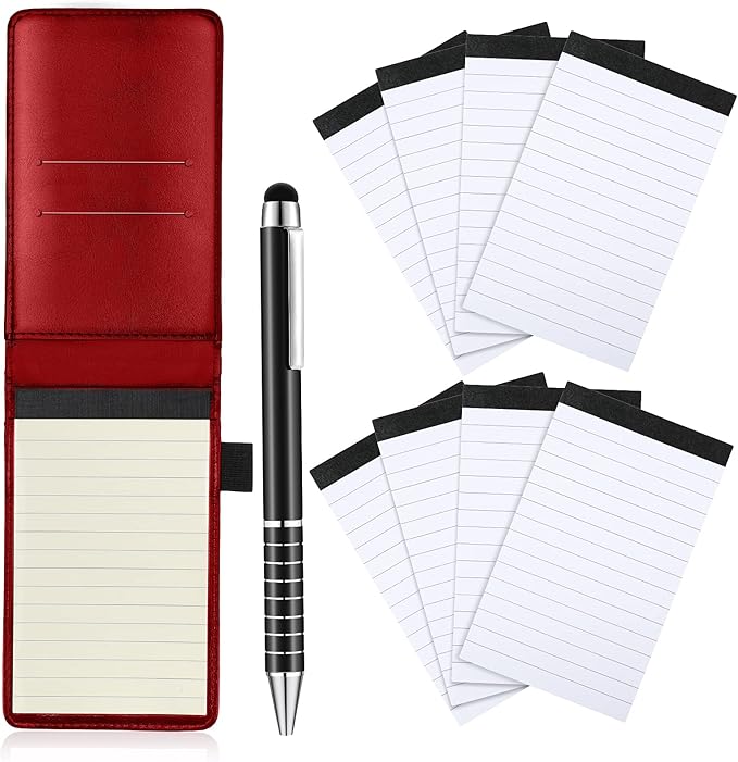 Outus 10 Pcs Mini Pocket Notepad Holder Set Included Small Leather Pocket Notebook Holder with 50 Lined Sheets, Metal Pen, 8 Pcs 3 x 5 Inch Memo Book Refills, 30 Lined Paper Per Note Pad (Red)