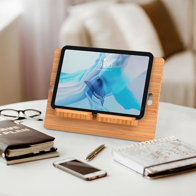 Pezin & Hulin Bamboo Tablet Stand Adjustable, Desktop Cell Phone Stand Holder Dock Compatible with Pad Air/Pro/Mini, E-Reader, Smartphone (Support to 4.7-13" Devices)-Bamboo