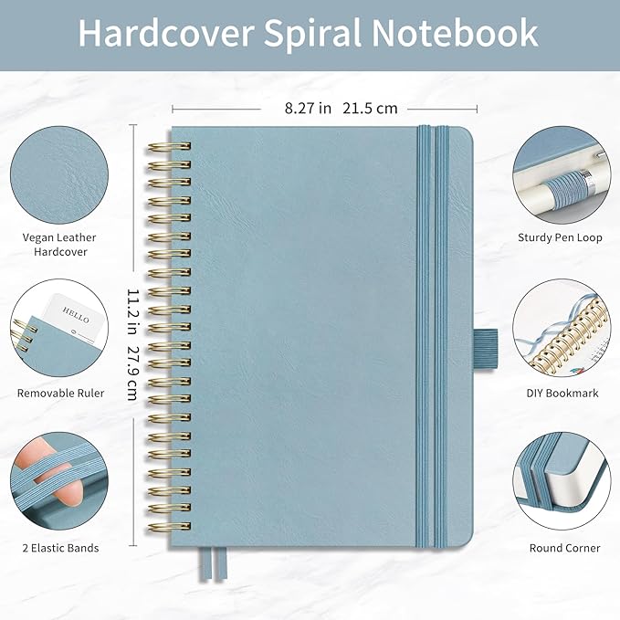 EMSHOI Dotted Journal Spiral Notebook - 300 Pages, A4 Hardcover Leather, 100 GSM Thick Dot Grid Notebook for Women Men Work Writing, Journaling, Drawing, 8.27" x 11.2", Gray Blue