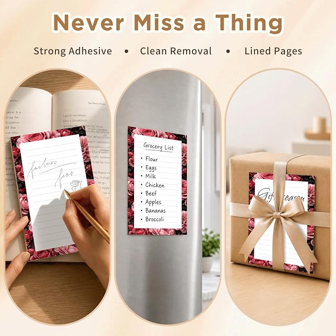 Lined Sticky Notes 4x6 in, 2 Pack Large Cute Notepads with Lines, Bright Post Memo Note Pads Big Rectangular Sticky Notes for Office Pink Red Roses
