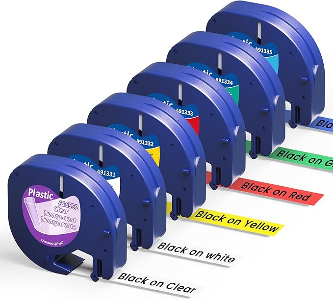 Colored Label Tape Replace for Dymo Letratag Refills Clear/Yellow/Red/Blue/Green/White Compatible for Dymo Label Maker Refills 12mm for LT-200B 100H 100T PLUS, 6-PK Multi-Color Plastic Tape Set