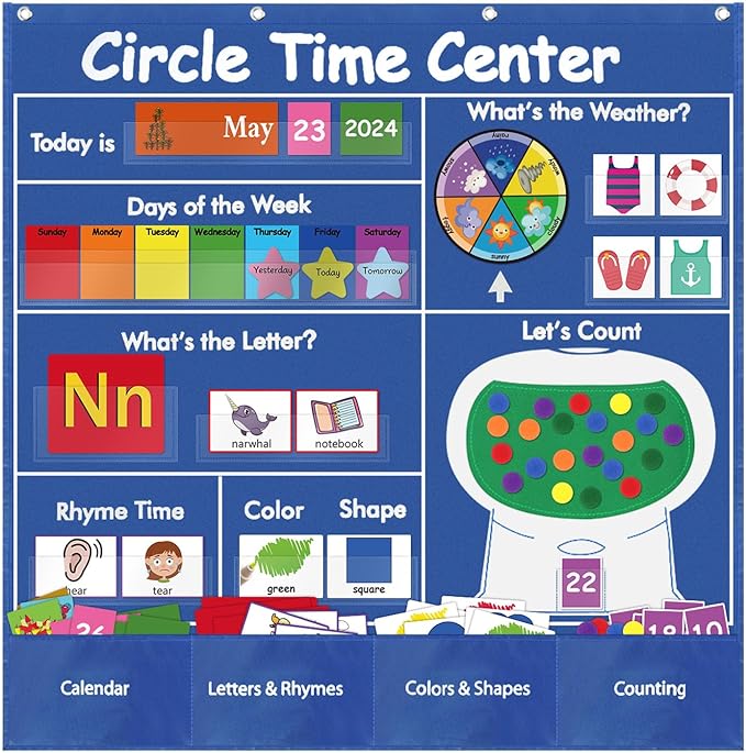 Circle Time Learning Center Classroom Pocket Chart Preschool, Educational Pocket Chart Teaching Materials, Learning Calendar Weather Counting Letter Color Shape (circle time learning center)