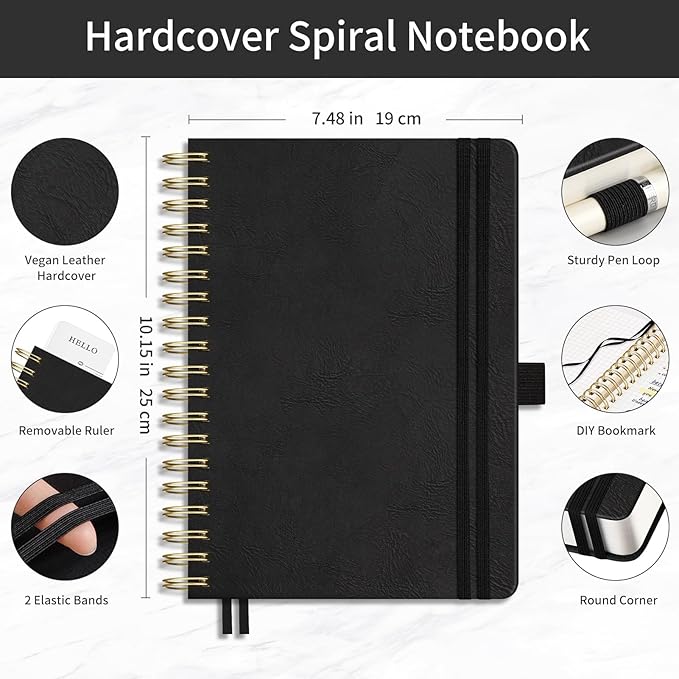 EMSHOI Spiral Graph Notebook, 300 Pages, B5 Large 7.48"x10.15", 100 GSM Thick Paper, PU Leather Hardcover, 5mm Grid Journal for Work School Math Engineering Writing Graphing, Black
