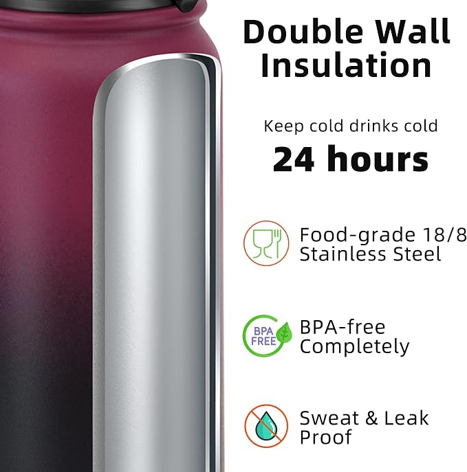 Fanhaw 32 Oz Kids Insulated Stainless Steel Water Bottle with Straw Lid, Leakproof & Anti-Dust Everyday Use Bottle for School, Women & Men, Back to School Essentials (Red Black)