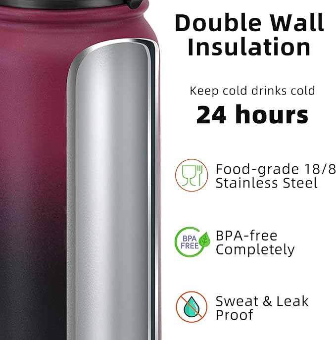 Fanhaw 20 oz Insulated Stainless Steel Water Bottle with Anti-Dust Chug Lid, Leakproof Vacuum Metal Everyday Use Bottle for Kids, Teens & Adults, Back to School Essentials (Red Black)