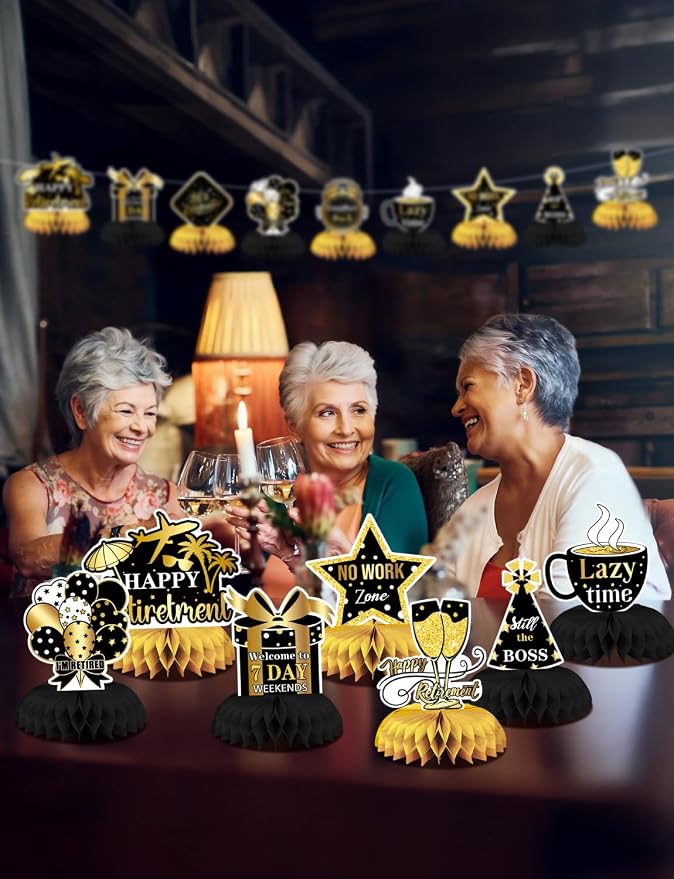 Retirement Table Decorations - Black and Gold Retirement Decorations 9Pcs Retired Honeycomb Centerpieces Table Toppers for Goodbye Farewell Party Supplies for Men Women, Photo Booth Props