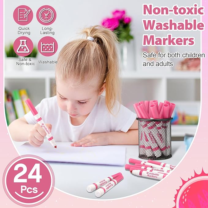24 Pcs Washable Markers Bulk Broad Line Markers Coloring Conical Tip Large pens for Kids art projects, Teachers, Students, Toddlers, Party Favors, Classrooms, Donations(Light Pink)