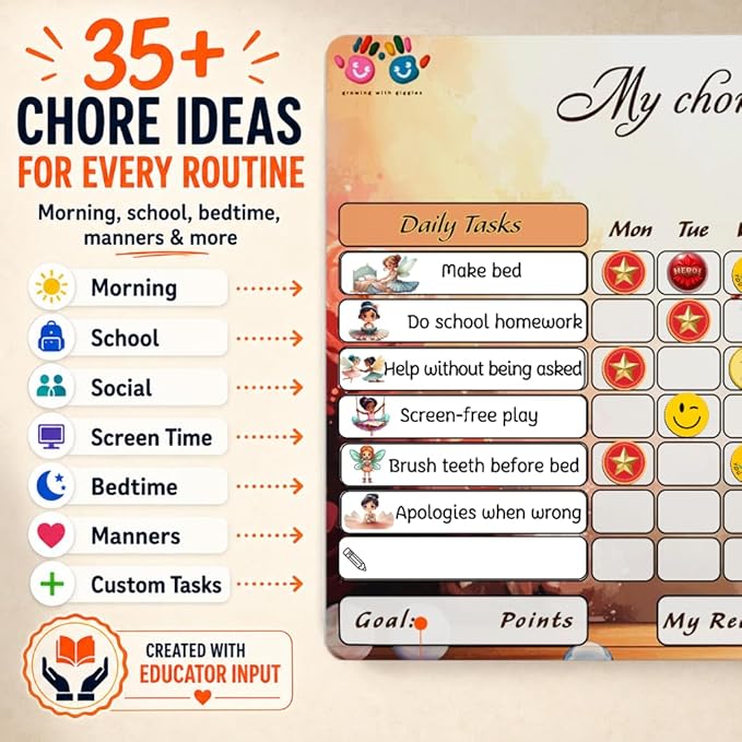 Mimi Doodle Magnetic Chore Chart for Kids – 16x12 Dry Erase Daily Responsibility Board for Fridge with 39 Chore tabs, 100 Reward Stickers – Behavior Chart for Kids at Home – Ballerina Theme