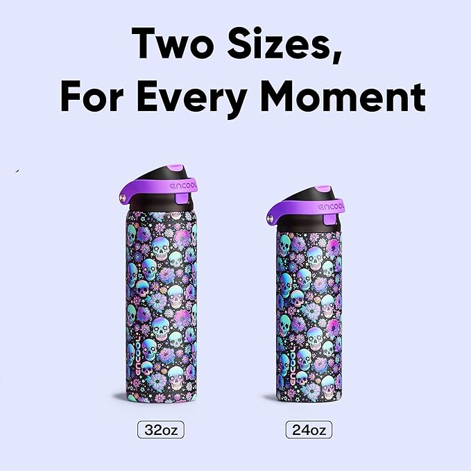 Encool SwiftSip Insulated Stainless Steel Water Bottle with Straw - Leak Proof Sports Water Bottle for School, Travel, Keeps Cold All Day, One-Touch Flip Lid, BPA-Free, 24 oz, Floral Afterlife