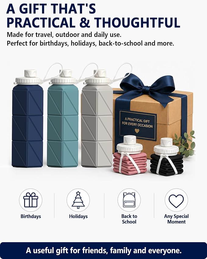 BEAUTAIL Collapsible Water Bottles 21oz/610mL, Silicone Travel Water Bottle | BPA Free, Leakproof & Reusable, Foldable Water Bottle for Traveling, Hiking, Gym, School, Sports, Outdoor, 1-Pack, Dark Blue