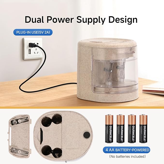 Eagle Electric Pencil Sharpener, Battery or USB Operated, Dual Holes, Dual Blades, fit for Pencils of Size 6-8mm and 9-12mm (Stramineous)