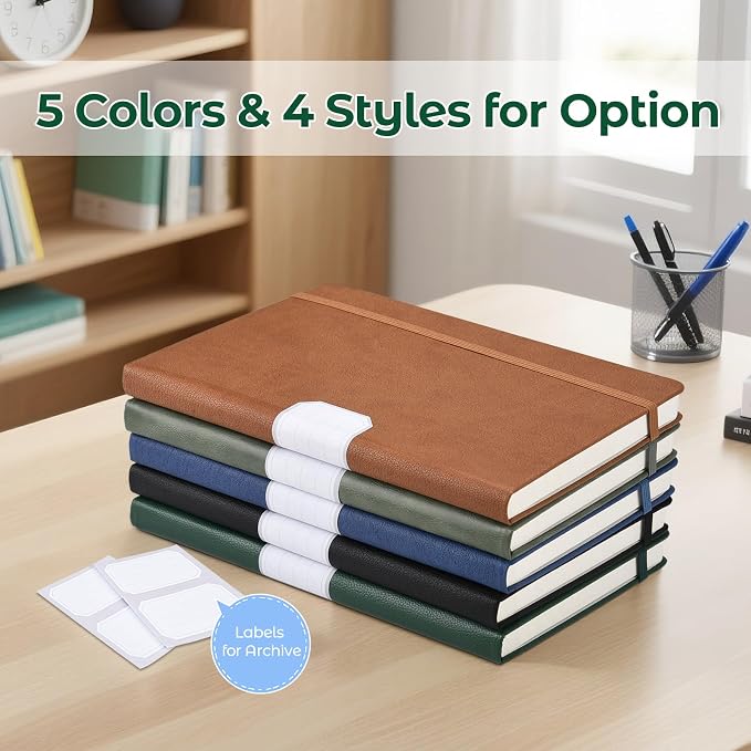 MALEDEN Notebook, A5 Hardcover Leather Notebook for Work, Notebook Journal for Women, Men, 192 Thick Paper, Large Notebook with Pockets, Professional Business Notebook (College Ruled, Green)