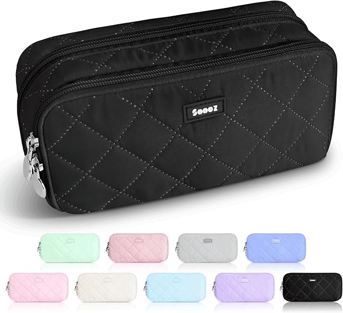 Sooez Large Pencil Case Pouch, Extra Big Pencil Bag with 8 Compartments, Pen Bag Wide Opening, Soft Quilted Pencil Pouch Organizer with Zipper, Portable Pencil Case for Teen Girls, Black
