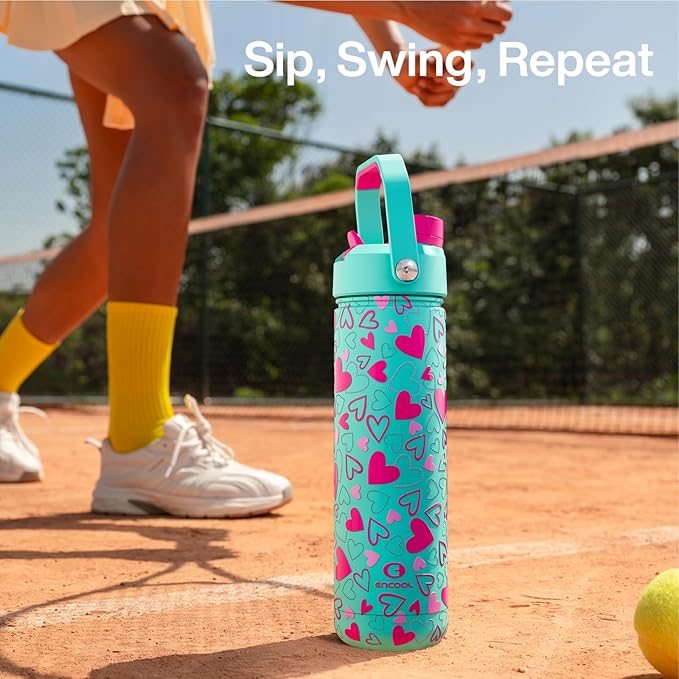 ENCOOL Insulated Water Bottle with Straw Stainless Steel Water Bottle, Leak-Proof, BPA-Free, Keeps Cold for 24 Hours for Sports, Travel, School (26 oz, Sweet Hearts Pink x Mint)