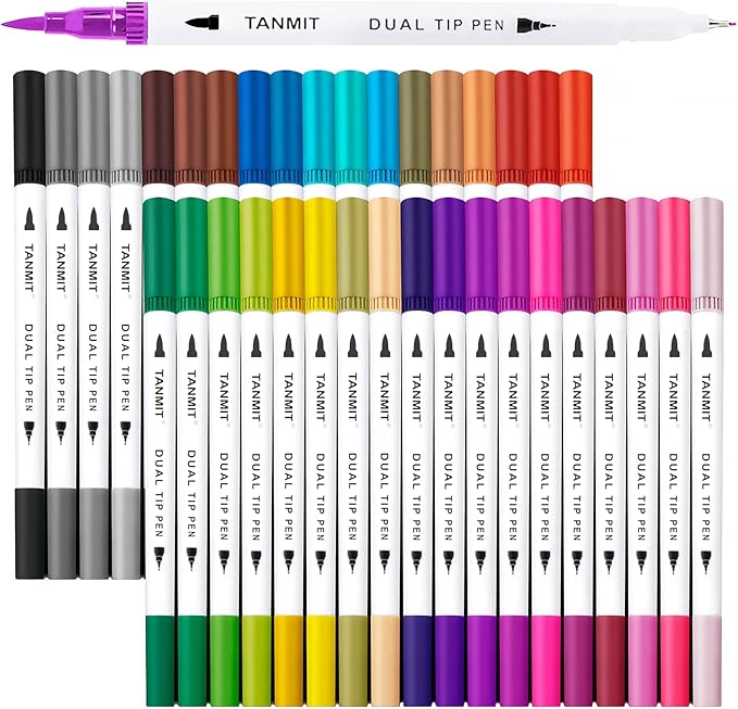 36 Dual-Tip Brush Pens for Adult Coloring Books – Tanmit Art Markers With Brush + Fine Precision Tips for Calligraphy, Planners, Journaling, Note Taking & More