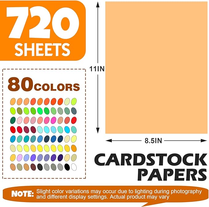 720 Sheets 8.5" X 11" Colored Cardstock, 80 Assorted Colors 180 GSM/65 LB Construction Paper Card Stock Printer Paper for Printing, Card Making, DIY Crafts, Kids School Supplies,Party Decorations