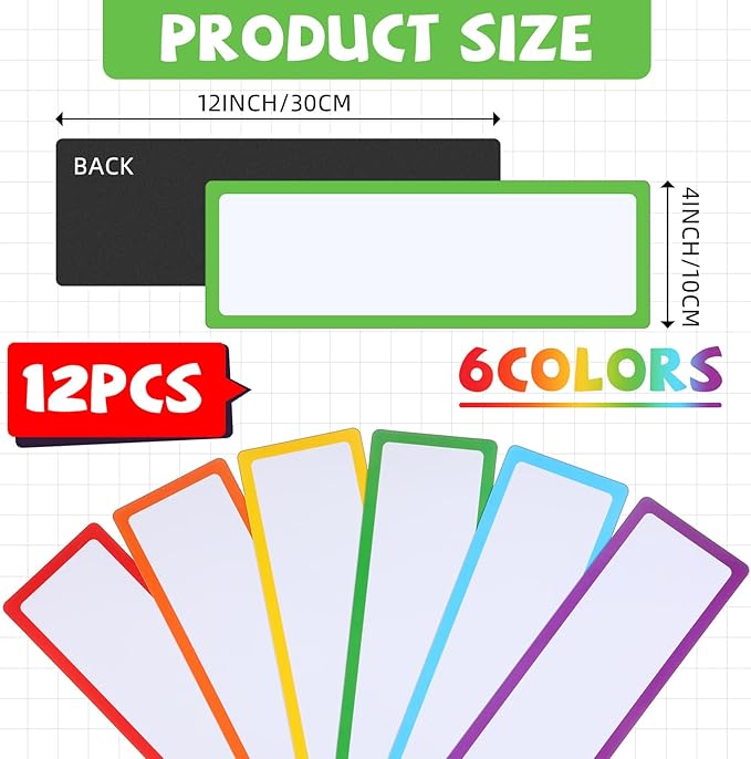 12 Pcs Large Magnetic Dry Erase Labels for Classroom, 12 x 4 Inch Rectangle Magnetic Name Plates Label Flexible Magnet Stickers for Whiteboards Refrigerator(White Background+Border,Style 2)