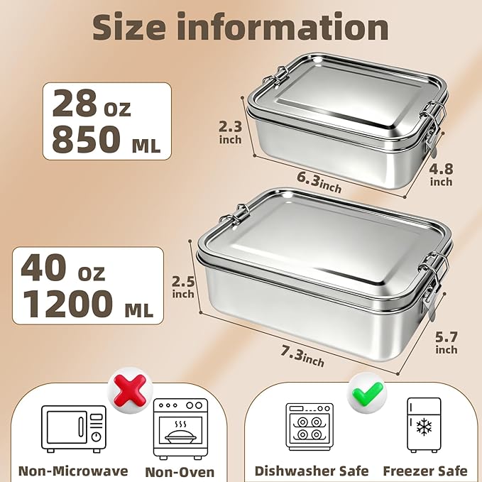 Adult Stainless Steel Lunch Box, 40oz/1200ml Metal Bento Box Removable Dividers, Reusable Food Storage Containers with Lids Leak Proof for Travel, Work, Picnic, Home