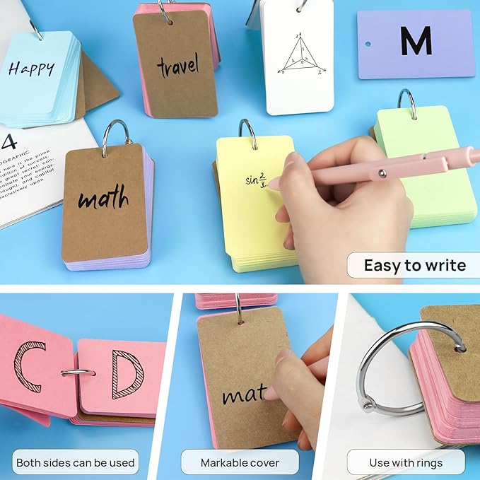 Blank Colored Index Cards, 2.2 x 3.5 Inches Flash Cards with Ring, Study Cards Memo Scratch Pads for School Learning, 6 Colors, 300 Count