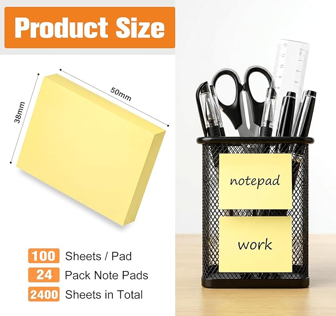 (24 Pack) Sticky Notes Yellow- 2 x 1.5 in, 2400 Sheets Small Notes Pads Self-Adhesive Notes, Self-Stick Pads for Office Supply, School, Family Organizer Pads,Corporate Bulk