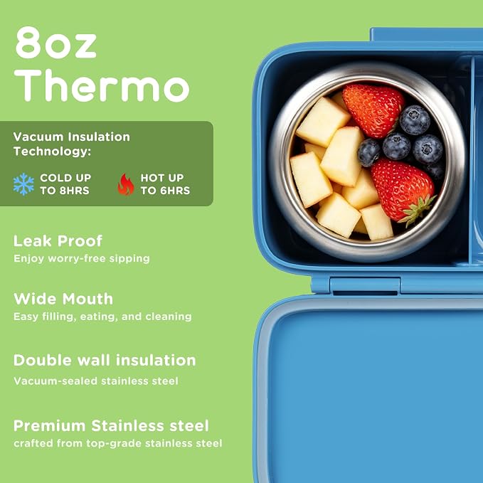 Bento Lunch Box for Kids With 8oz Food Thermo,BPA-Free for School | Lunch Container with 2 Compartments, Insulated Food Jar, Dishwasher Safe, Easy to Clean, Lunch Box for Girls Boys