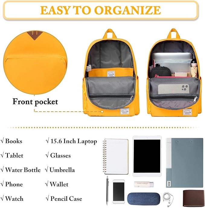 VASCHY School Backpack, Ultra Lightweight Backpack for Women Bookbag for Kids Teen Boys Girls Yellow
