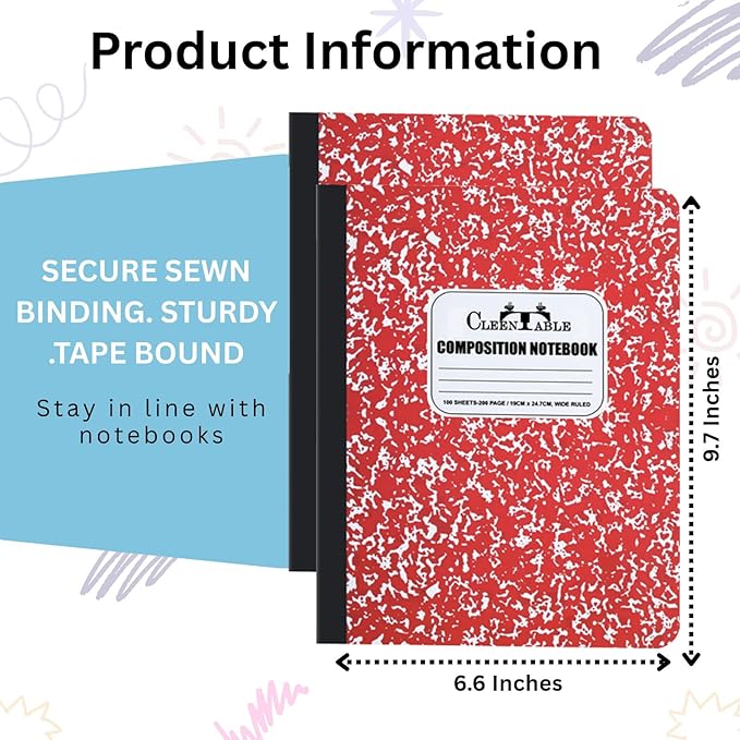 CLEENTABLE Composition Notebook 8 Pack, Wide Ruled Paper, Marble Cover Notebooks for School, 9.75 x 7.5 Inches, 100 Sheets (200 Pages), Sewn Binding Comp Books, Red