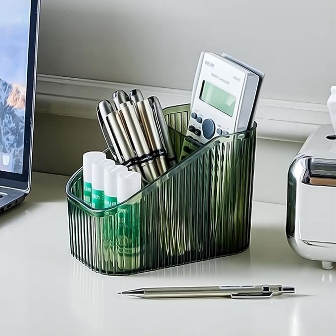DASITON Large Capacity Makeup Brush Holder,3 Slot Makeup Brush Cup,Vintage striped Make Up Brush Holder,for Vanity Decor,Bathroom Countertops,Desk Storage Container,Cosmetic Display cases(Green-S)