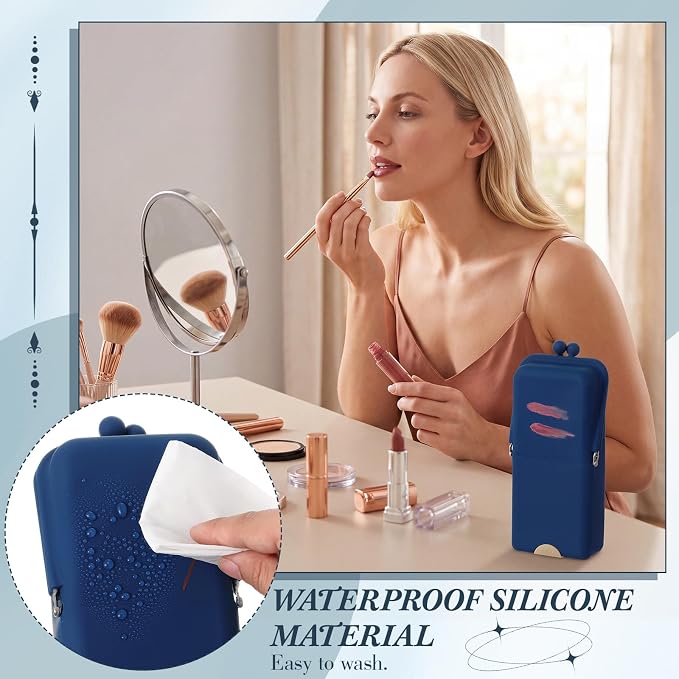 Kacctyen Makeup Brush Case Silicone Standing Makeup Brush Holder,Navy | Silicone Make up Travel Bag with Suction Portable Cosmetic Organizer Phone Stand Pouch for Travel Home Back to School Use
