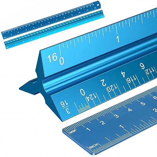 Rena Chris 2PCS Architectural Scale Ruler: 12" Imperial Aluminum Triangular Scale Ruler, Laser-Etched Architecture Ruler, Drafting & Architect Ruler for Architects, Students, Draftsman(Blue)
