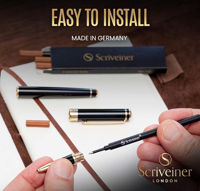 Scriveiner Rollerball Refill Black Fine - 4 Rollerball Refills Designed for Scriveiner Pens - Safety Ceramic Non Dry Roller Pen Refill F - Schmidt 888 Size – Made in Germany