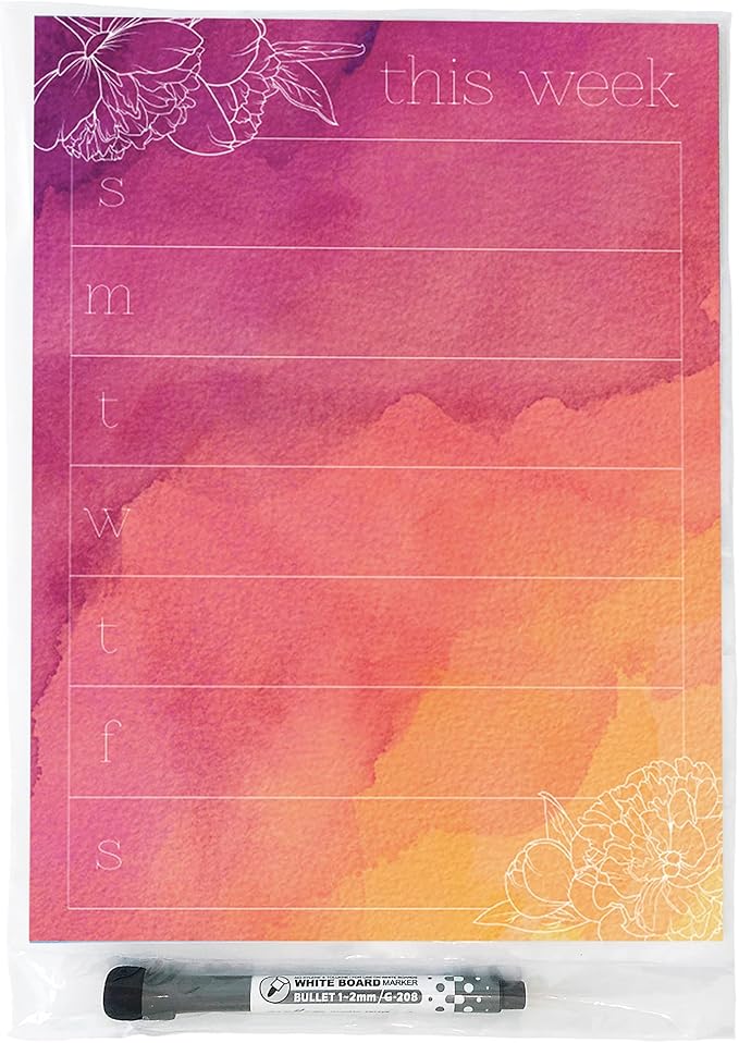 Dry Erase Weekly Calendar Planner Sticker Decal | Removable & Reusable | Magnetic Fine-Tip Marker Included (9 x 12 inches, Peony)