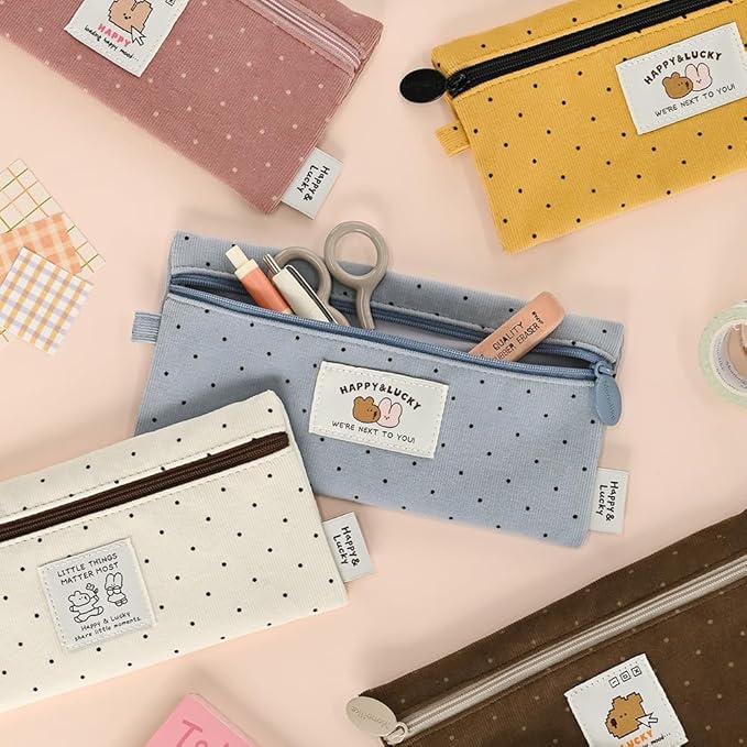 Monolike Happy and Lucky Candy Dot pen case, Blue - Slim Corduroy Style Cotton Pen Pouch, Cute Aesthetic Pastel Stationery Organizer for Office