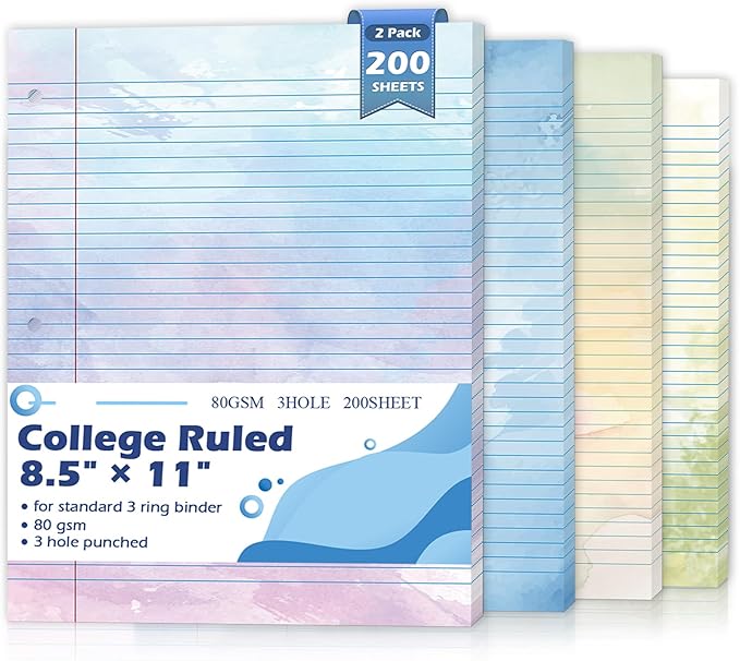 200 Sheets Letter Size Colored Loose Leaf Paper College Ruled For 3-Ring Binder 8.5" × 11" Colored Lined Filler Notebook Paper College Ruled Notepad 3-Hole Punched Watercolor 80gsm For School Office