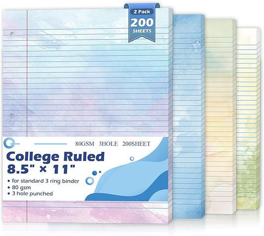 200 Sheets Letter Size Colored Loose Leaf Paper College Ruled For 3-Ring Binder 8.5" × 11" Colored Lined Filler Notebook Paper College Ruled Notepad 3-Hole Punched Watercolor 80gsm For School Office
