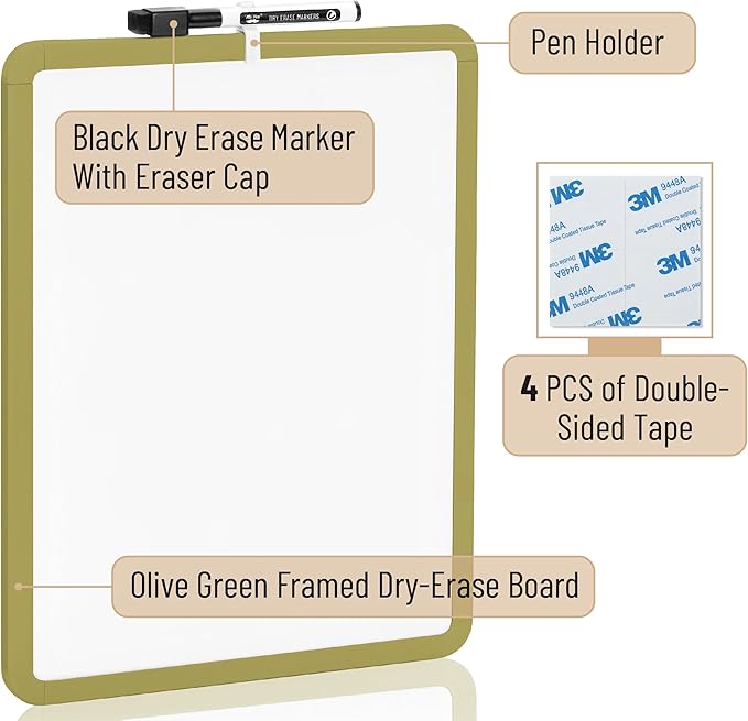 Mr. Pen- Dry Erase Board, 14” x 11” with a Black Dry Erase Marker, Olive Green Frame, Small Mini White Board for Students, Fridge, Wall, Locker, Includes Double Sided Tapes