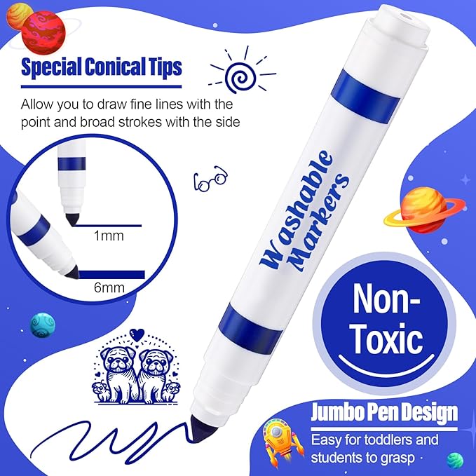 24 Pcs Washable Markers Bulk Broad Line Markers Coloring Conical Tip Large pens for Kids art projects, Teachers, Students, Toddlers, Party Favors, Classrooms, Donations(Blue)