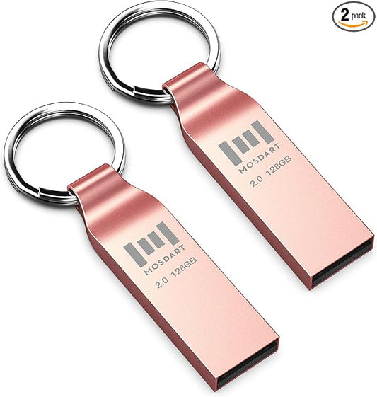 MOSDART Waterproof 128GB USB2.0 Flash Drive, exFAT Metal Memory Stick with Keychain, for System Back, Data Storage, Rose Gold(Pack of 2)