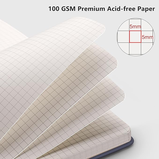 RETTACY Graph Grid Paper Notebook, 192 Pages, A5 Medium Size (5.7'' x 8.3''), 5 Squares per Inch, Leather Hardcover, 100 GSM Thick Paper, for School, Students, Math, Engineering (Navy Blue)