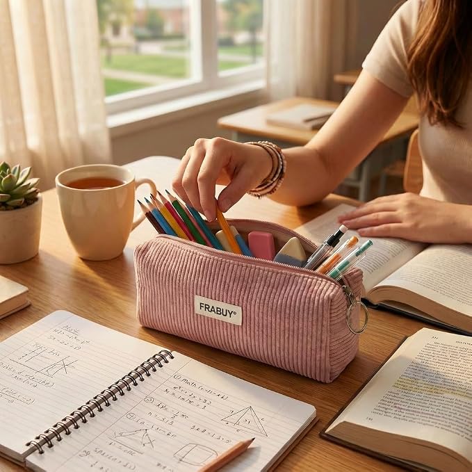 Soft Corduroy Pencil Case Pen Pouch Organizer, Small Stationery Bag | Cute pink pencil pouch, smooth zipper, daily cosmetics holder, compact organizer for school teen girls, women