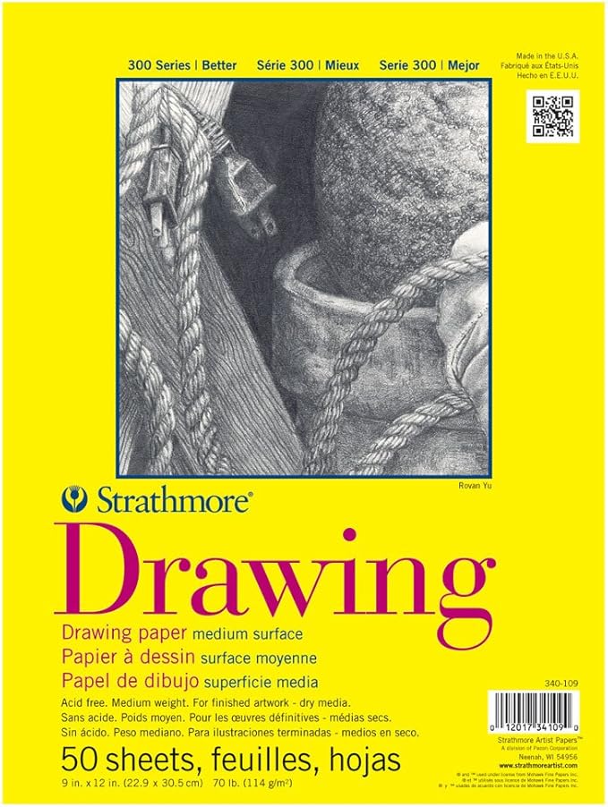 Strathmore 300 Series Drawing Paper Pad, Glue Bound, 9x12 inches, 50 Sheets (70lb/114g) - Artist Paper for Adults and Students - Charcoal, Colored Pencil, Ink, Pastel, Marker