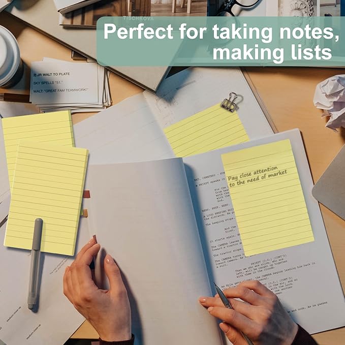 24 Pack Lined Sticky Notes 4X6 in, Self Sticky Note Pads with Lines, Large Sticky Note Memo Pad for Office, Home, School, Meeting, 50 Sheets/pad, Yellow