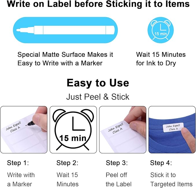 Wisdompro 111 Pcs No Iron Fabric Labels, Write-On Clothing Label Stickers | Self-Stick, White Clothes Name Tags, for Nursing Home, Daycare, Camp, School, No Sewing or Ironing Needed